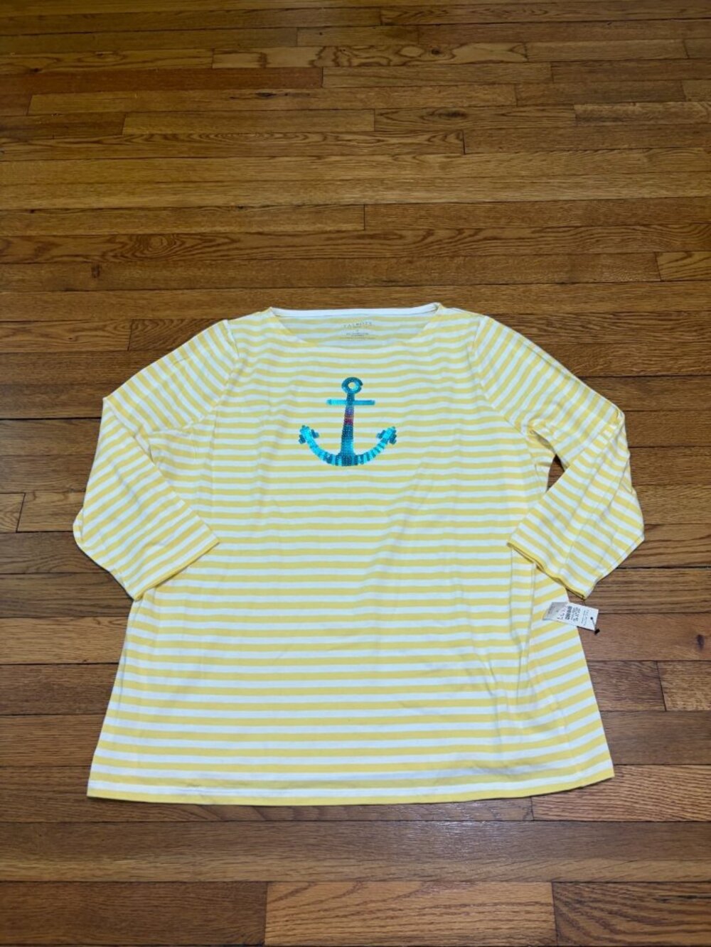 Talbots Womens 3/4 Sleeve Shirt Plus Sz 1X Yellow Striped Nautical Sequined NWT